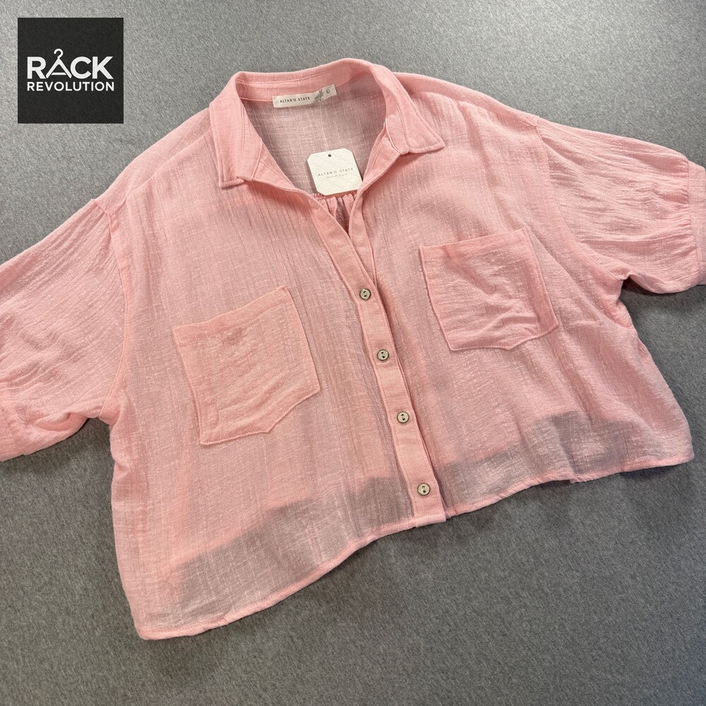 Altar'd State Pink Linen Shirt Large Women's Short Sleeve Button Front